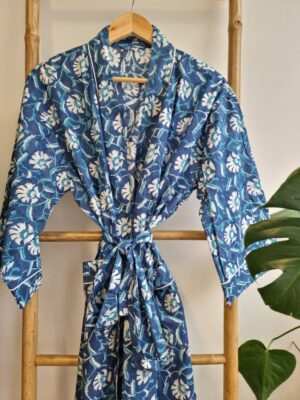 Men’s Cotton Kimono in Deep Blue Turquoise White Floral Motif - Image 2