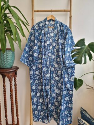 Men’s Cotton Kimono in Deep Blue Turquoise White Floral Motif - Image 3