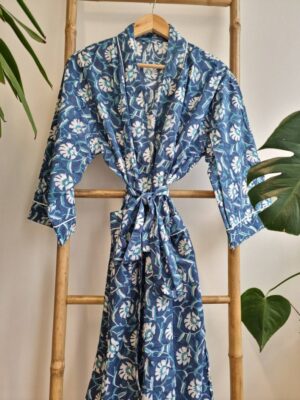 Men’s Cotton Kimono in Deep Blue Turquoise White Floral Motif - Image 4