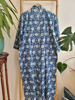 Men’s Cotton Kimono in Deep Blue Turquoise White Floral Motif - Image 5