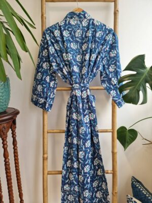 Men’s Cotton Kimono in Deep Blue Turquoise White Floral Motif - Image 6