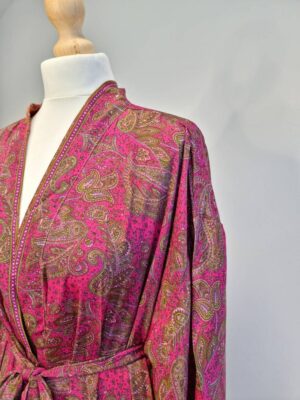 New Silk Sari Boho Kimono in Hot Pink Paisley - Image 3
