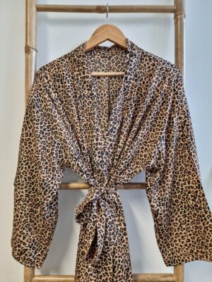New Silk Sari Boho Kimono in Leopard Beige Black - Image 2