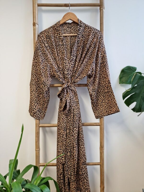 New Silk Sari Boho Kimono in Leopard Beige Black