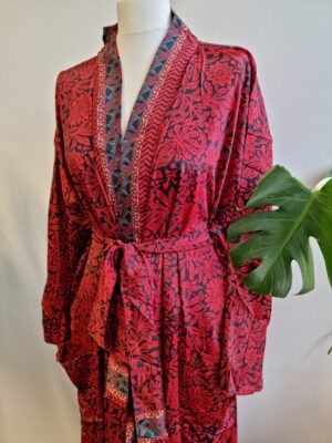 New Silk Sari Boho Kimono in Regal Red Green Paisley - Image 2