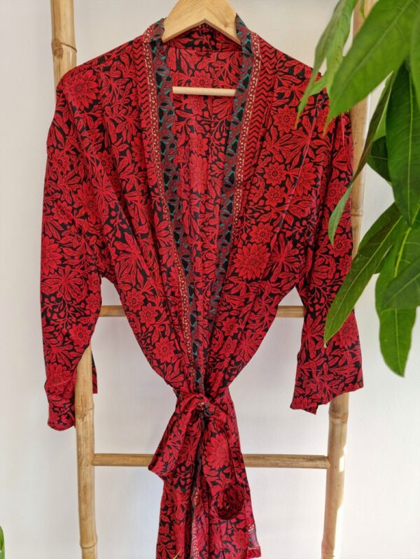 New Silk Sari Boho Kimono in Regal Red Green Paisley