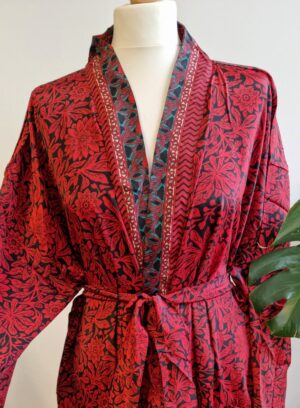New Silk Sari Boho Kimono in Regal Red Green Paisley - Image 5