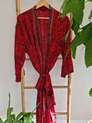 New Silk Sari Boho Kimono in Regal Red Green Paisley - Image 6