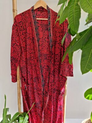 New Silk Sari Boho Kimono in Regal Red Green Paisley - Image 7