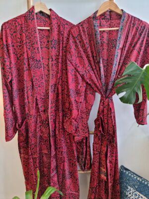 New Silk Sari Boho Kimono in Regal Red Green Paisley - Image 8