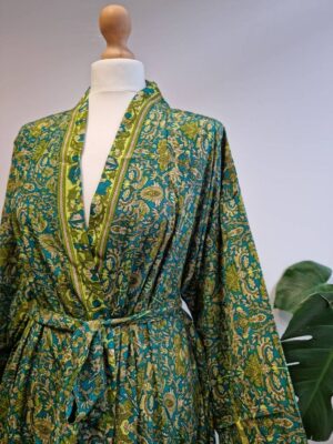 New Silk Sari Boho Kimono- Persian Aqua Turquoise Lime - Image 2