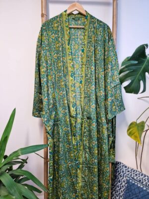 New Silk Sari Boho Kimono- Persian Aqua Turquoise Lime - Image 3