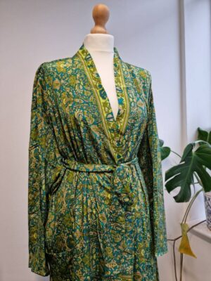 New Silk Sari Boho Kimono- Persian Aqua Turquoise Lime - Image 4
