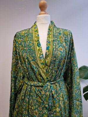 New Silk Sari Boho Kimono- Persian Aqua Turquoise Lime - Image 6