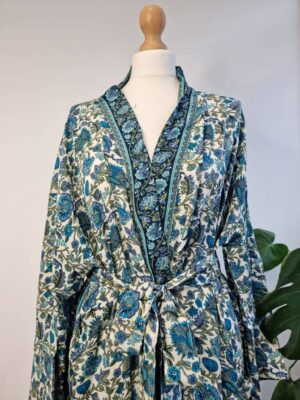 New Silk Sari Boho Kimonoin White Aqua - Image 2