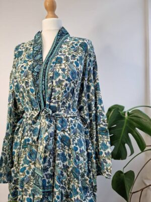 New Silk Sari Boho Kimonoin White Aqua - Image 3