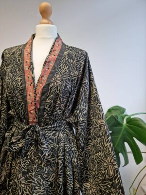 New Silk Sari Boho Kimono in Persian Black Beige Gold - Image 2
