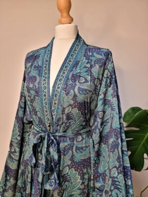 New Silk Sari Boho Kimono- Navy Romance Blue - Image 2