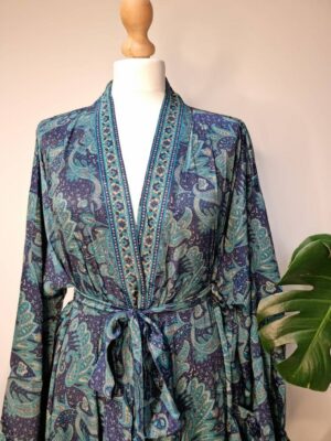 New Silk Sari Boho Kimono- Navy Romance Blue - Image 4