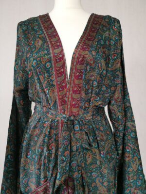 New Silk Sari Boho Kimono- Green, Red, & Paisley - Image 2