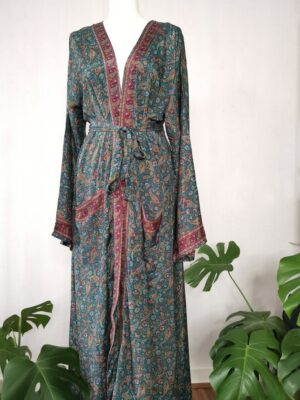 New Silk Sari Boho Kimono- Green, Red, & Paisley - Image 3