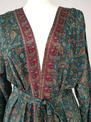 New Silk Sari Boho Kimono- Green, Red, & Paisley - Image 5
