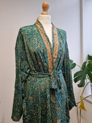 New Silk Sari Boho Kimono-Persian Deep Aqua Turquoise - Image 4