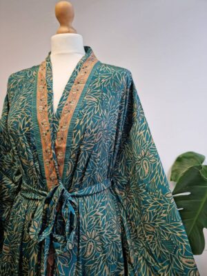 New Silk Sari Boho Kimono-Persian Deep Aqua Turquoise - Image 2