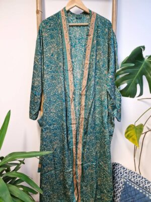 New Silk Sari Boho Kimono-Persian Deep Aqua Turquoise - Image 3