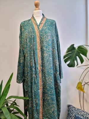 New Silk Sari Boho Kimono-Persian Deep Aqua Turquoise - Image 5