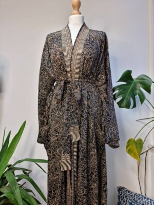 New Silk Sari Boho Kimono- Oriental Persian Black Rose Beige - Image 3