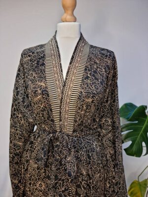 New Silk Sari Boho Kimono- Oriental Persian Black Rose Beige - Image 7