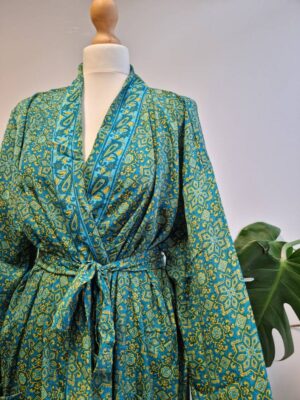New Silk Sari Boho Kimono - Persian Aqua Turquoise Lime - Image 2