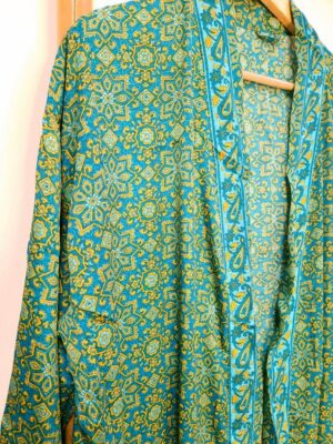 New Silk Sari Boho Kimono - Persian Aqua Turquoise Lime - Image 3