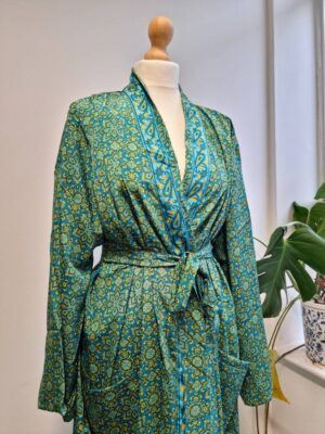 New Silk Sari Boho Kimono - Persian Aqua Turquoise Lime - Image 4
