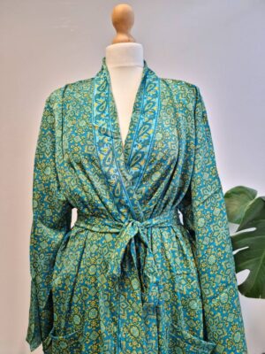 New Silk Sari Boho Kimono - Persian Aqua Turquoise Lime - Image 5