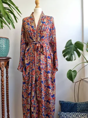 Mughal Style Silk Sari Boho Kimono - Caramel, Beige Red Blue - Image 2