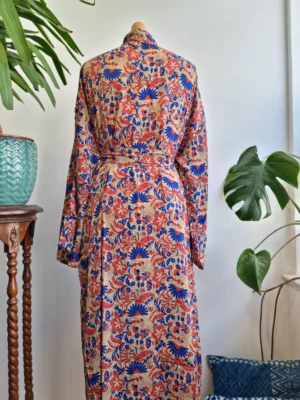 Mughal Style Silk Sari Boho Kimono - Caramel, Beige Red Blue - Image 3
