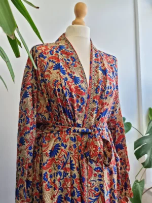 Mughal Style Silk Sari Boho Kimono - Caramel, Beige Red Blue - Image 4