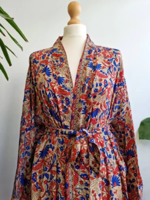 Mughal Style Silk Sari Boho Kimono - Caramel, Beige Red Blue - Image 5