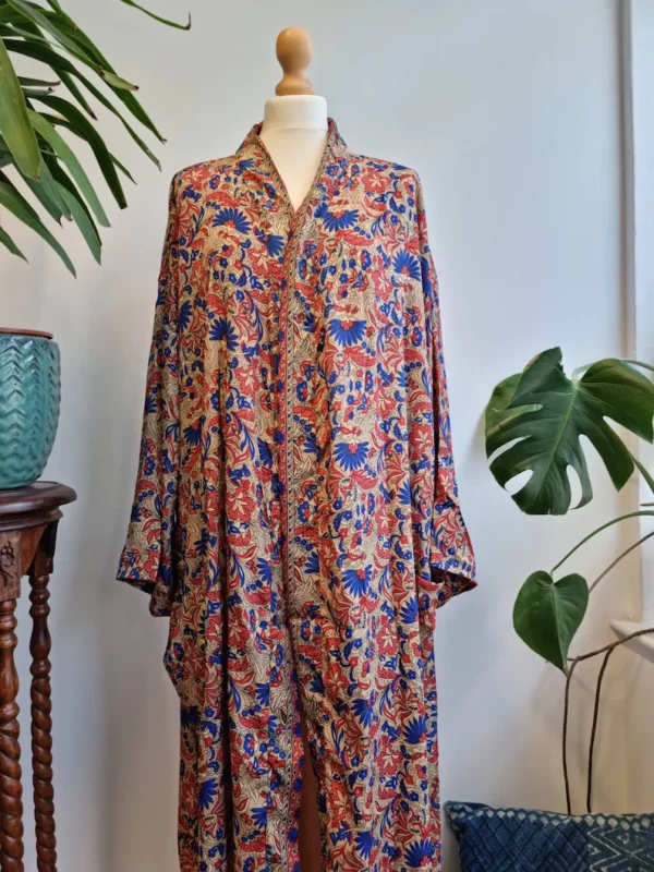 Mughal Style Silk Sari Boho Kimono - Caramel, Beige Red Blue
