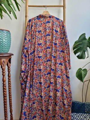 Mughal Style Silk Sari Boho Kimono - Caramel, Beige Red Blue - Image 6