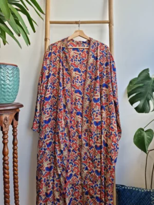 Mughal Style Silk Sari Boho Kimono - Caramel, Beige Red Blue - Image 7