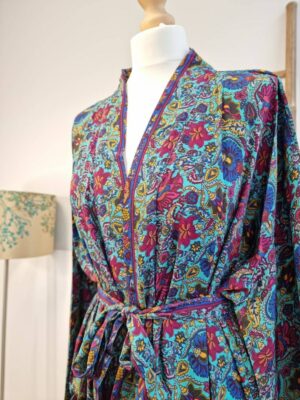 New Silk Sari Boho Kimono in Aqua Turquoise - Image 3