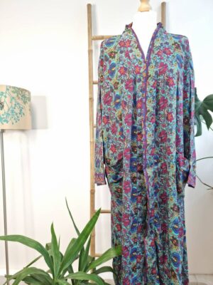 New Silk Sari Boho Kimono in Aqua Turquoise - Image 5