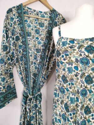 New Silk Slip Dress Kimono in White Turquoise - Image 10