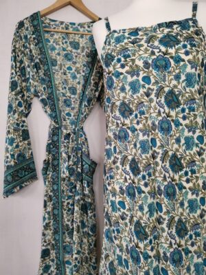 New Silk Slip Dress Kimono in White Turquoise - Image 3