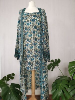 New Silk Slip Dress Kimono in White Turquoise - Image 4