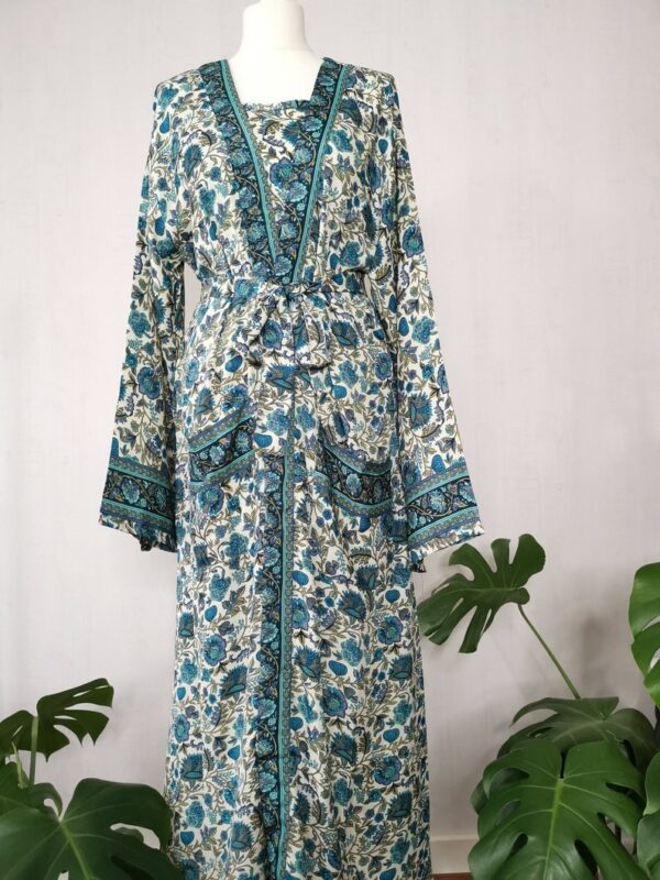 New Silk Slip Dress Kimono in White Turquoise