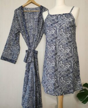 New Silk Slip Dress Kimono in Iced Blue Paisley - Image 3